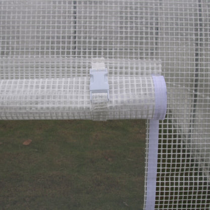 Close-up of GROW1 hoop house rolled window flap and securing straps