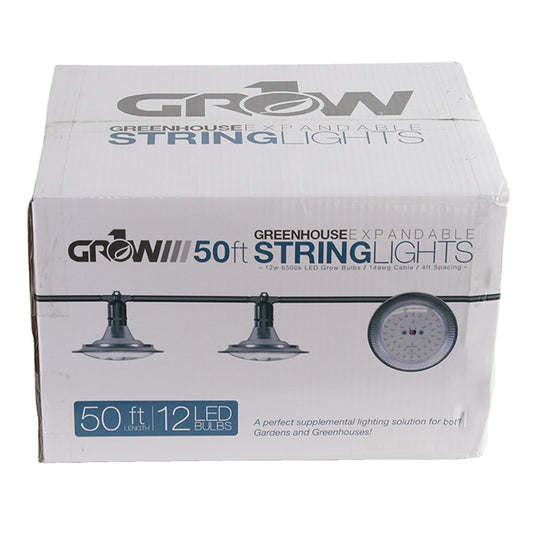 50' Greenhouse Expandable String Lights 14AWG w/ 12W LED 6500K Grow LED Bulbs (12 bulbs) BOXED