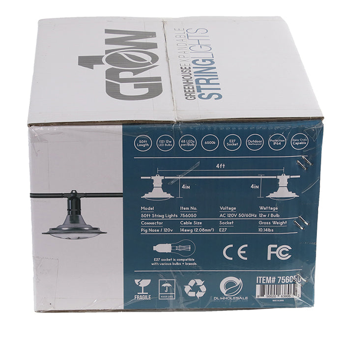 50' Greenhouse Expandable String Lights 14AWG w/ 12W LED 6500K Grow LED Bulbs (12 bulbs) BOX side