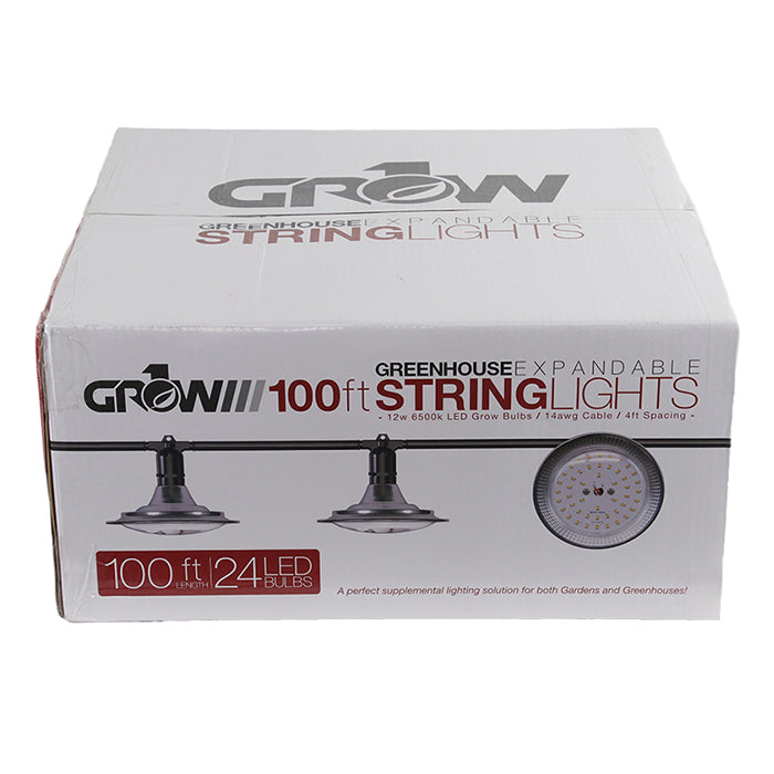 100' Greenhouse Expandable String Lights 14AWG w/ 12W LED 6500K Grow LED Bulbs (24 bulbs)