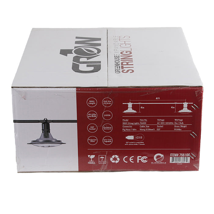 100' Greenhouse Expandable String Lights 14AWG w/ 12W LED 6500K Grow LED Bulbs (24 bulbs)