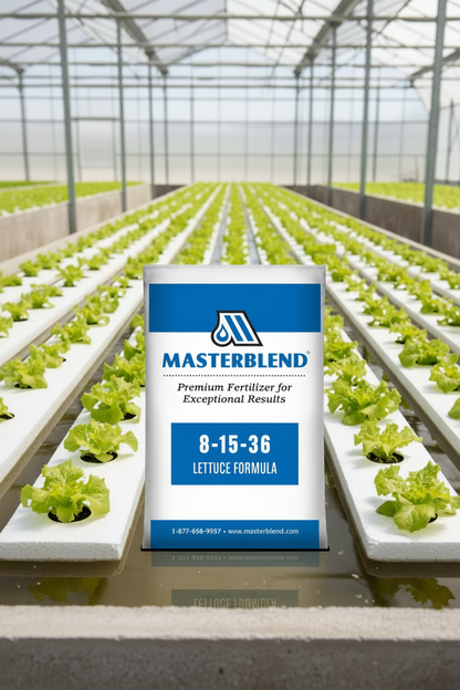 Masterblend fertilizer container in a greenhouse with rows of lettuce plants