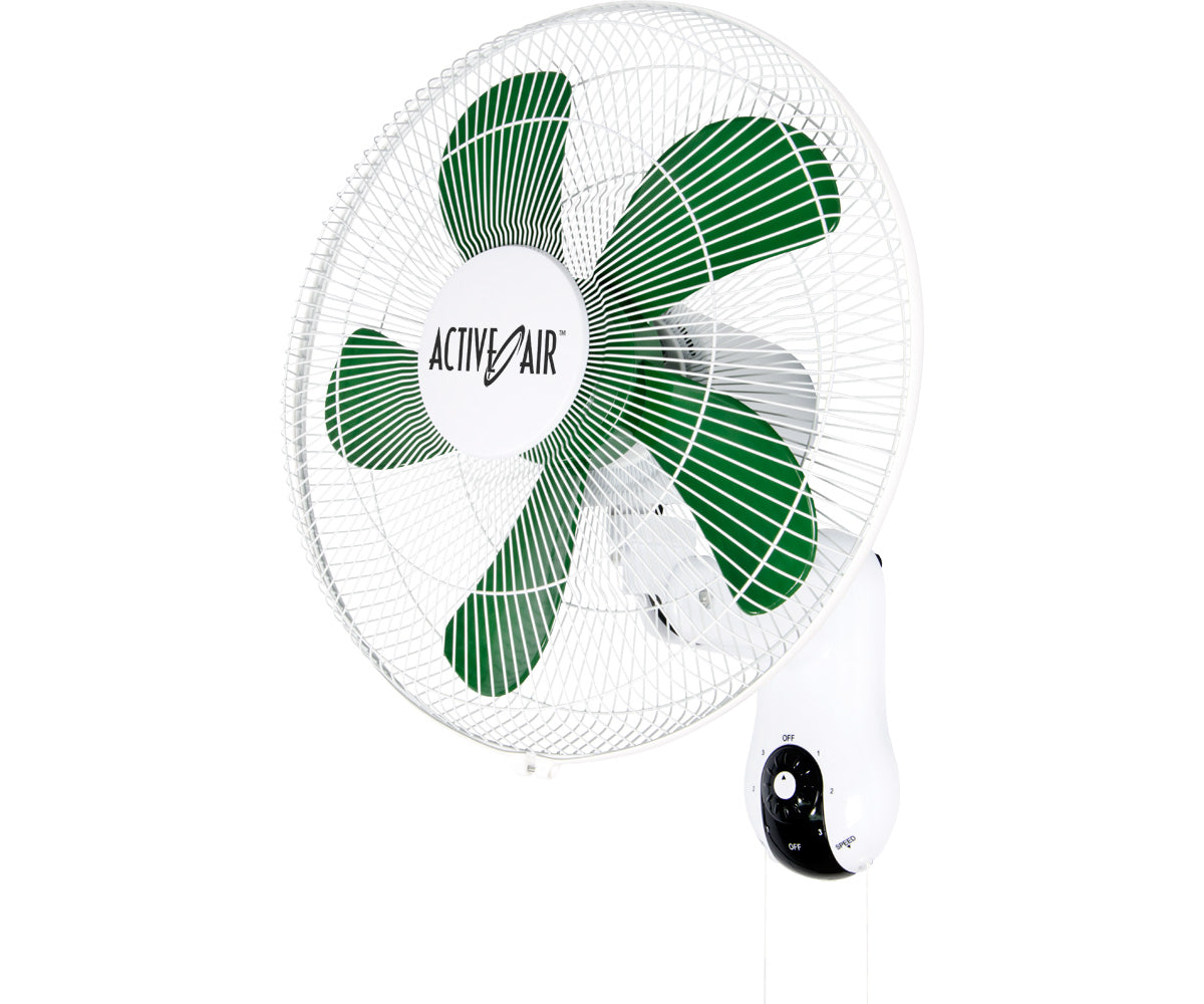 Active Air 16-inch wall mount fan showing oscillation mechanism and pull chain controls