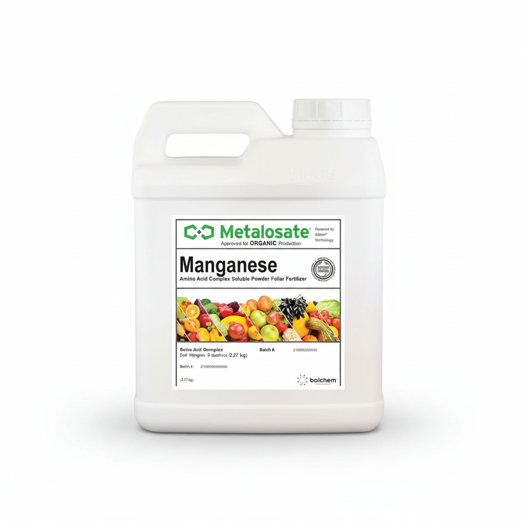 Metalosate Manganese fertilizer container with a colorful display of fruits and vegetables on a white background