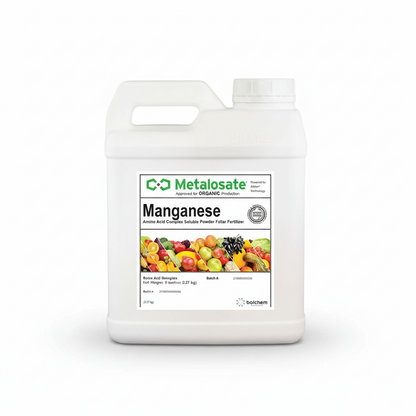 Metalosate Manganese fertilizer container with a colorful display of fruits and vegetables on a white background