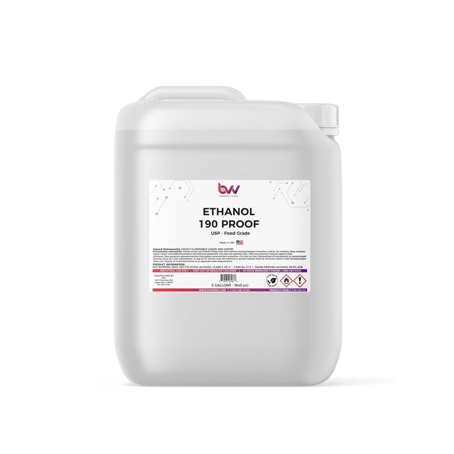 Ethanol 190 Proof (95%) USP/FCC Food Grade, Kosher - 5-gallon