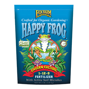 A bag of Fox Farm Happy Frog Cavern Culture 1-12-0 Fertilizer, featuring a bright blue packaging design with a cartoon frog and green foliage.