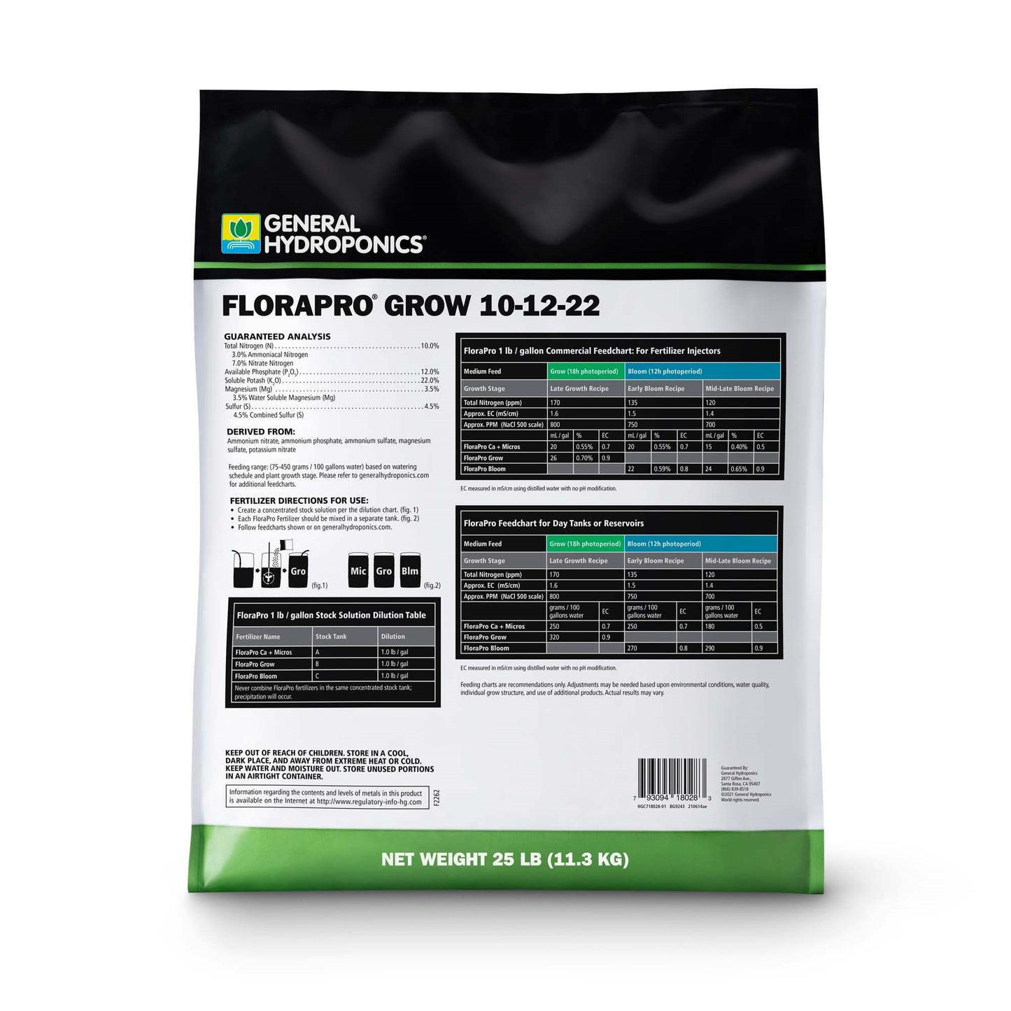 General Hydroponics FloraPro Grow fertilizer packaging on a white background