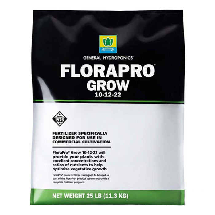 Florapro Grow fertilizer package with black, white, and green design.