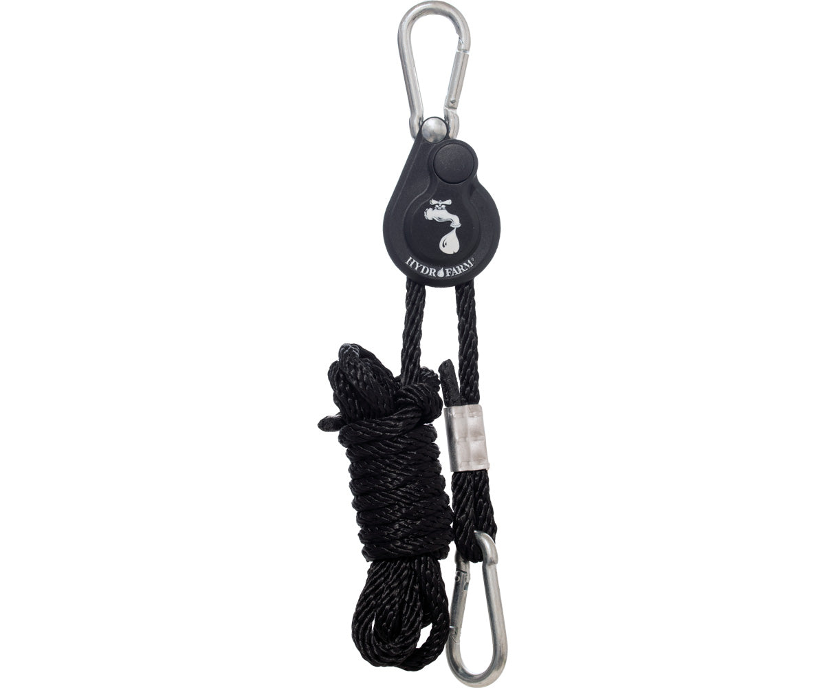 Hydrofarm HLH1001 heavy-duty 1/4-inch rope ratchet hanger with black braided rope and two carabiner clips