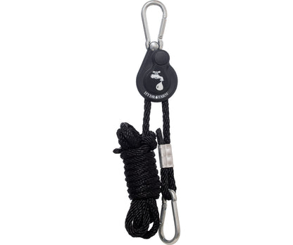 Hydrofarm HLH1001 heavy-duty 1/4-inch rope ratchet hanger with black braided rope and two carabiner clips