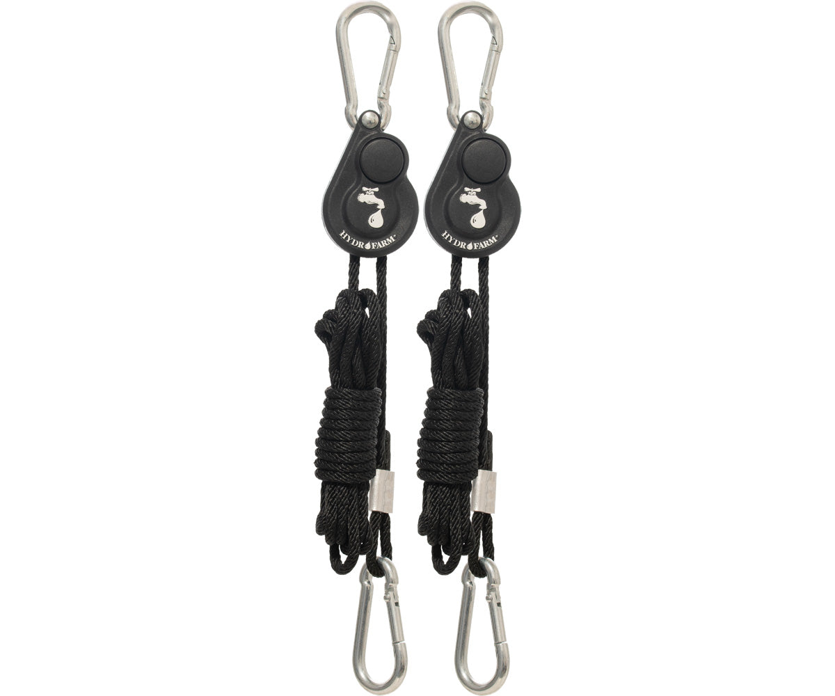 Hydrofarm HLH1002 pair of push-button rope ratchet hangers with black braided rope and four carabiner clips