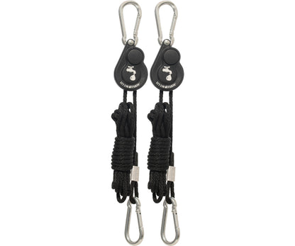 Hydrofarm HLH1002 pair of push-button rope ratchet hangers with black braided rope and four carabiner clips