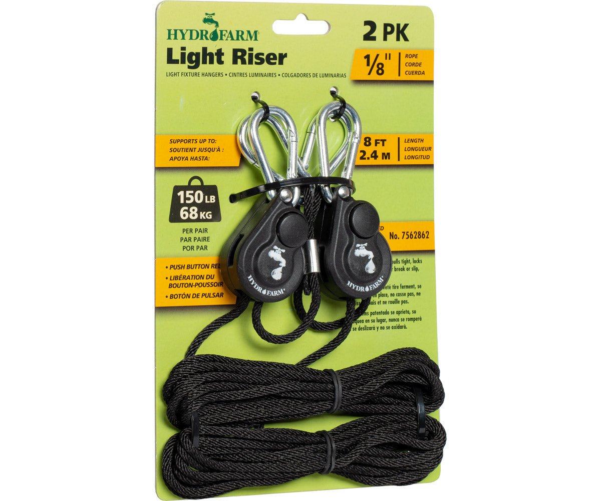 Hydrofarm HLH1002 Light Riser 1/8-inch rope ratchet hanger pair in retail packaging