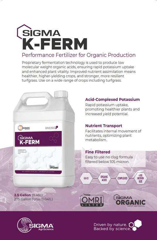 Sigma K-Ferm 0-0-12 product flier page 1 — fermentation-derived liquid potassium fertilizer for organic crops and turf