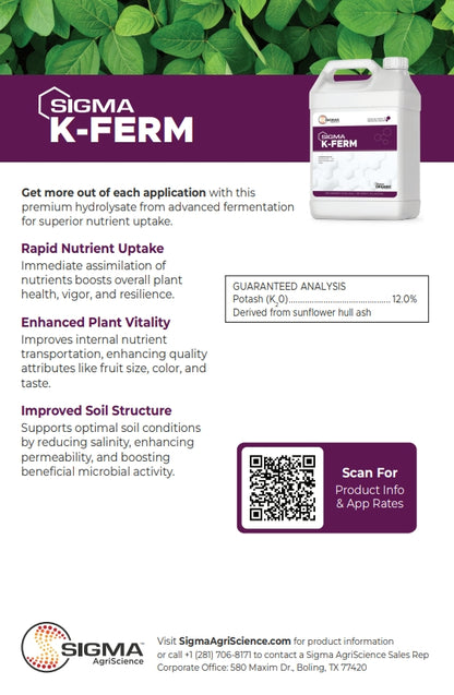Sigma K-Ferm 0-0-12 product flier page 2 — application rates and organic certification details