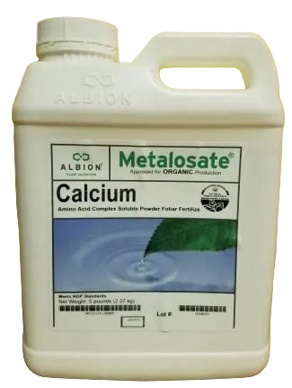 White container of Metalosate Calcium fertilizer with a label on a yellow background