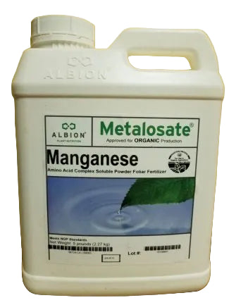 White container of Metalosate Manganese fertilizer with a label on a yellow background