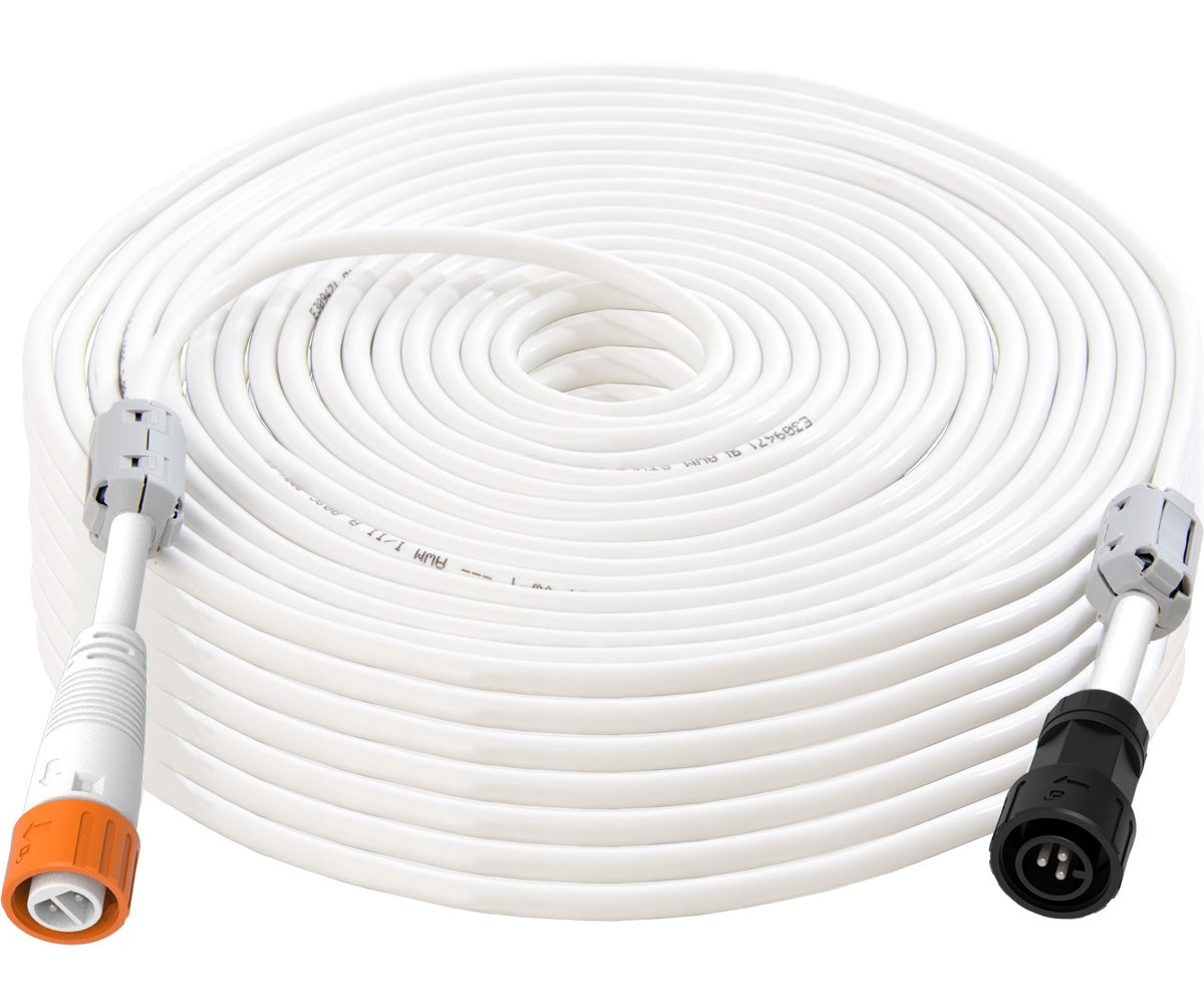 Coiled white PHOTOBIO 300 ft control cable with ferrite sleeves and push-lock connectors