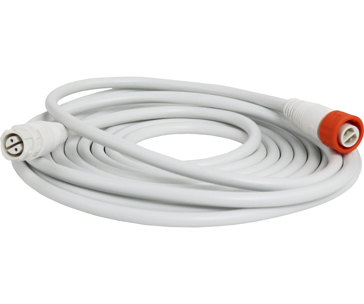Coiled white PHOTOBIO 16 ft jumper cable with male and female push-lock connectors