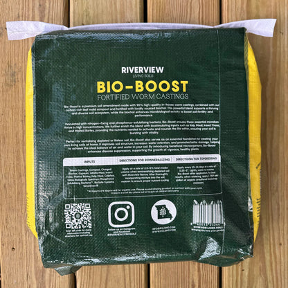 Riverview Living Soils Bio-Boost fortified worm castings 0.5 cu ft bag — back view with product details