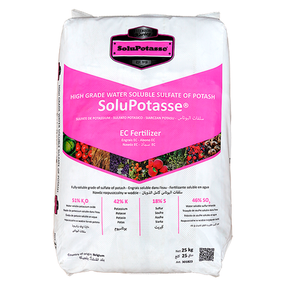 SoluPotasse fertilizer bag on a white background
