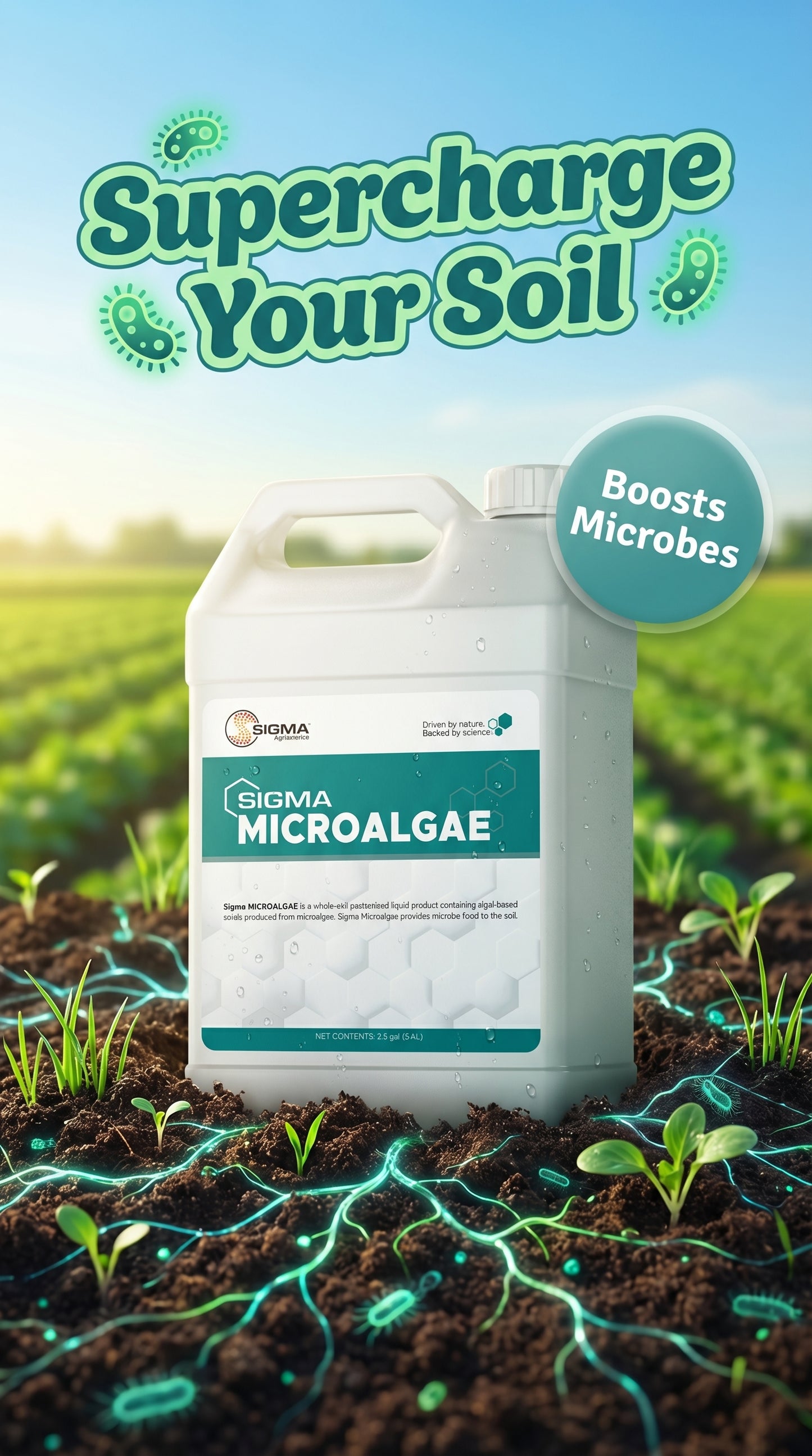 Sigma Microalgae liquid soil amendment — 'Supercharge Your Soil' promotional graphic highlighting microbial population boost