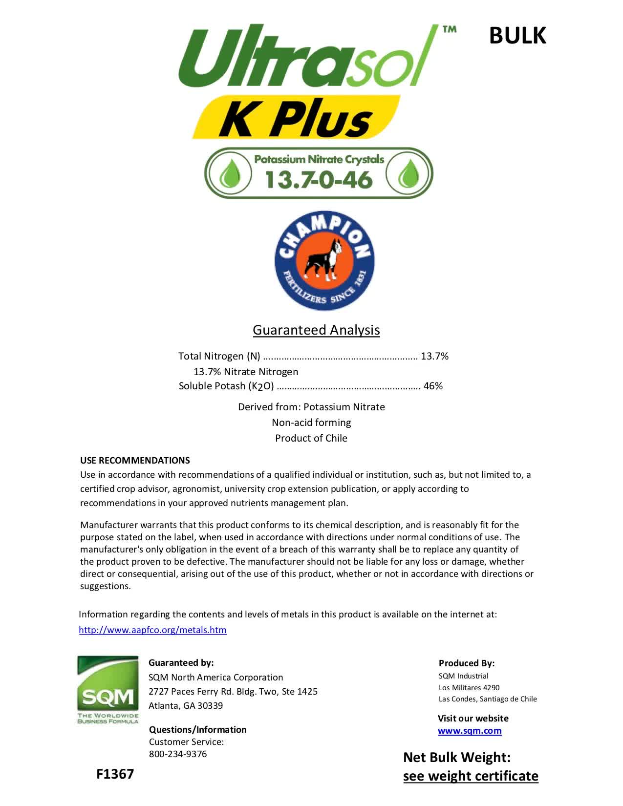 Potassium Nitrate fertilizer 50 lb. bucket