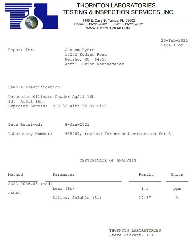 AgSil 16h soluble silicon(silicic acid) lab analysis