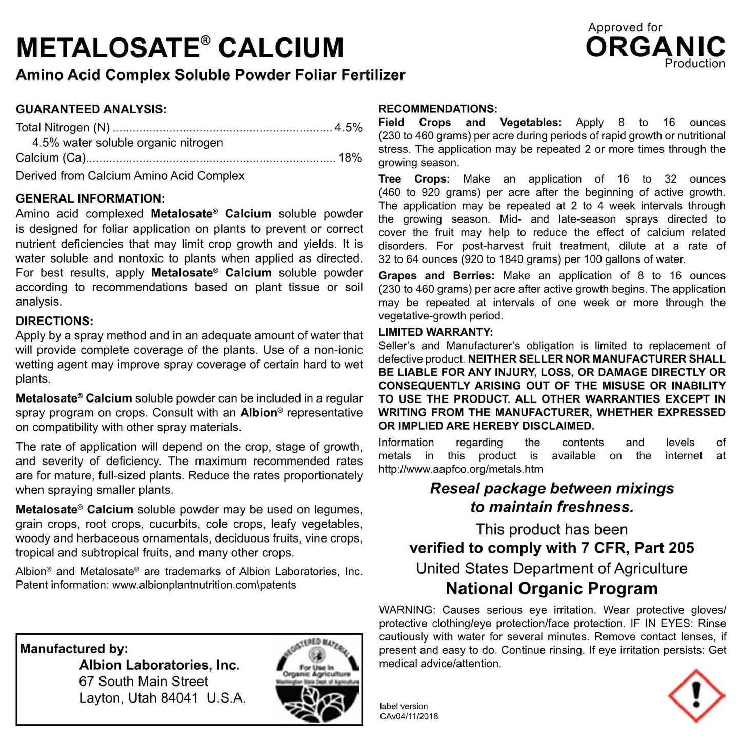Metalosate Calcium Soluble Powder 44 lb.
