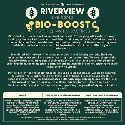 Bio-Boost product information — inputs, application rates, and usage directions for fortified worm castings