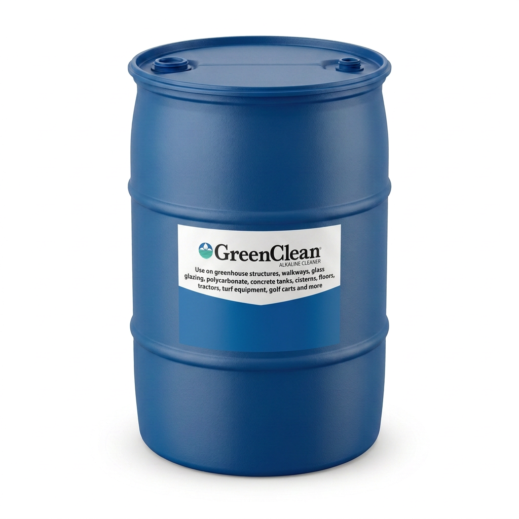 Blue GreenClean Alkaline Cleaner drum using the provided label artwork