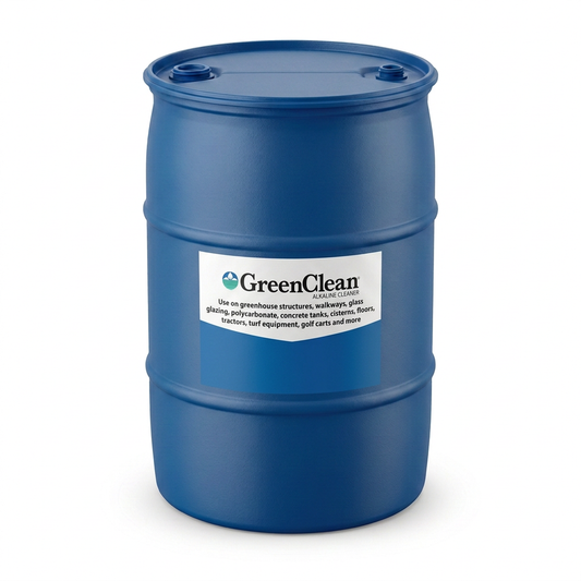 Blue GreenClean Alkaline Cleaner drum using the provided label artwork