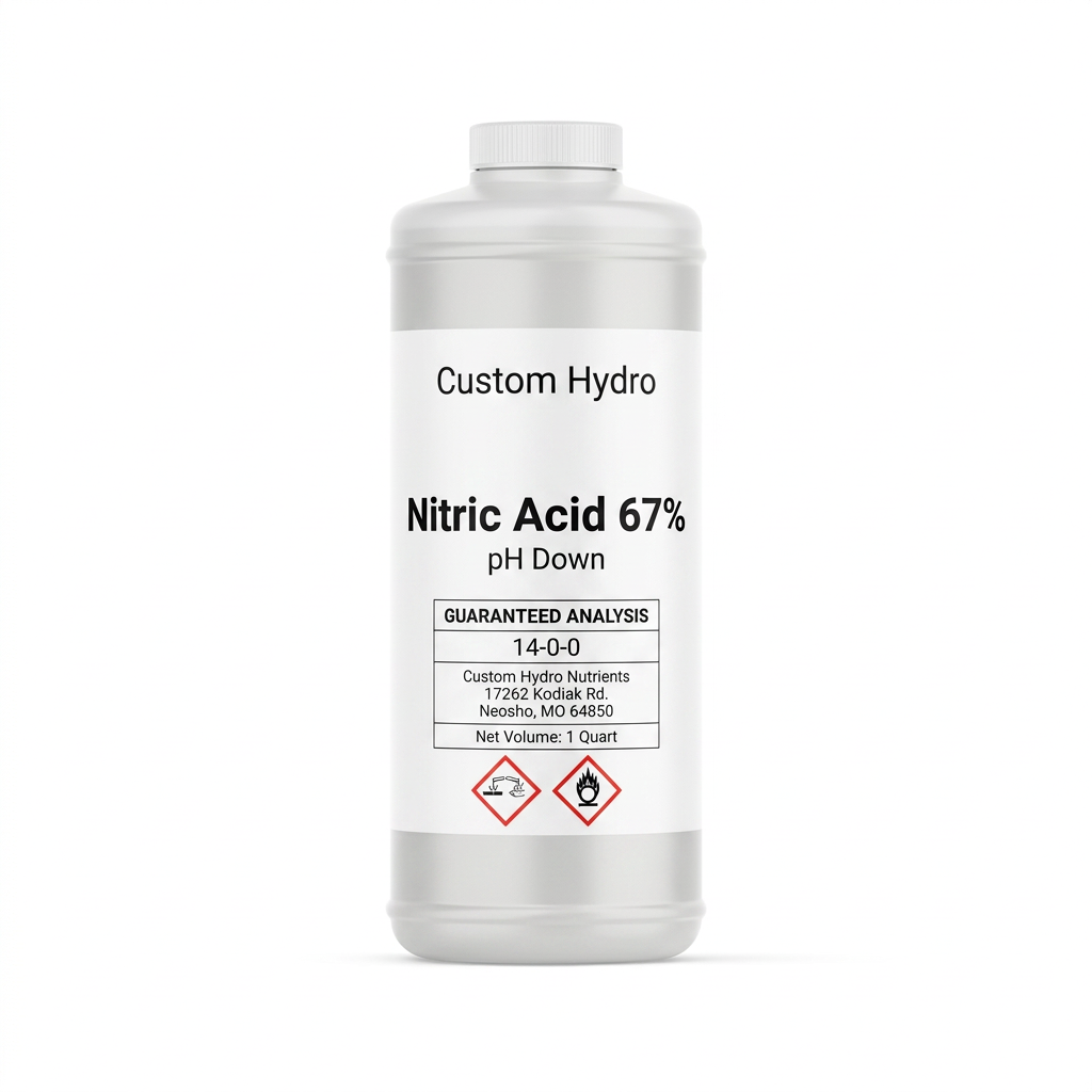 Custom Hydro 67% nitric acid pH down in a 1-quart bottle