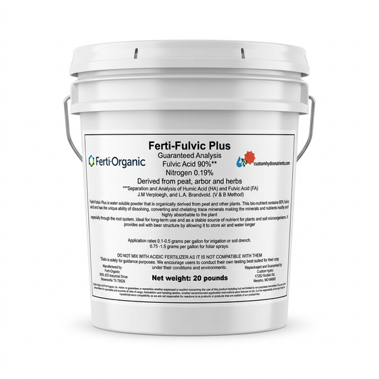 Ferti-Fulvic Plus 20 lb bucket mockup with Custom Hydro repack label