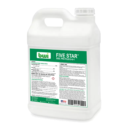 Five Star Soil Pro Plus fertilizer container with green label on a white background