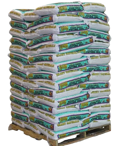 Stack of Ocean Forest Potting Soil bags on a pallet 