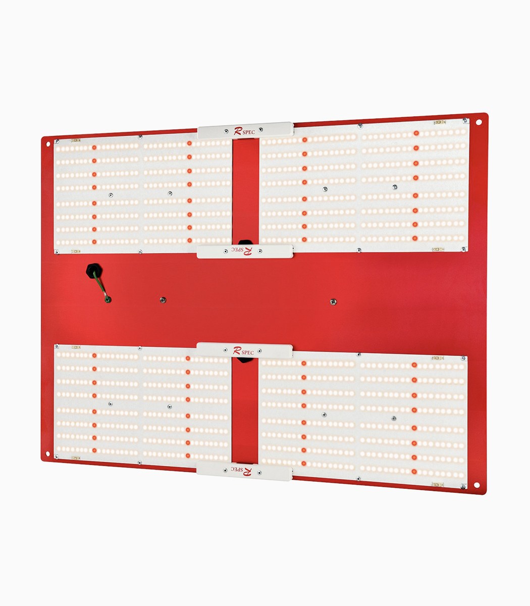 HLG 550 V2 Rspec LED grow light, angled view showing four Quantum Boards on a red mounting panel.
