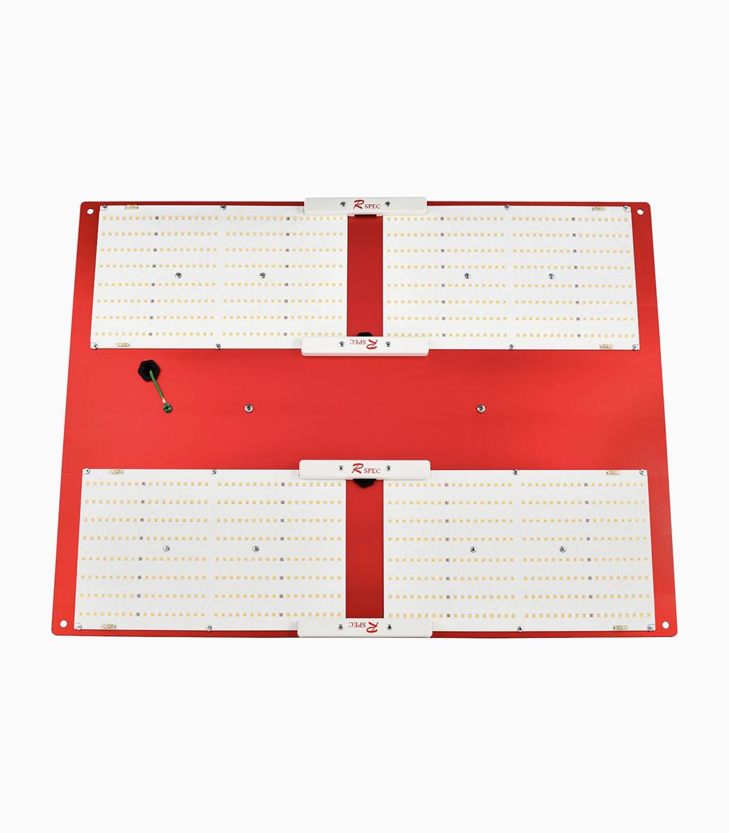 HLG 550 V2 Rspec LED grow light, face-on view of four LED boards mounted on a red panel.