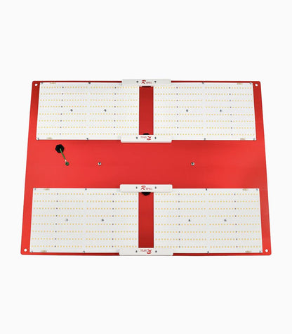 HLG 550 V2 Rspec LED grow light, face-on view of four LED boards mounted on a red panel.