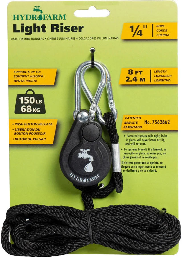 Hydrofarm HLH1001 Light Riser in retail packaging showing 1/4-inch rope, 8-foot length and 150 lb capacity