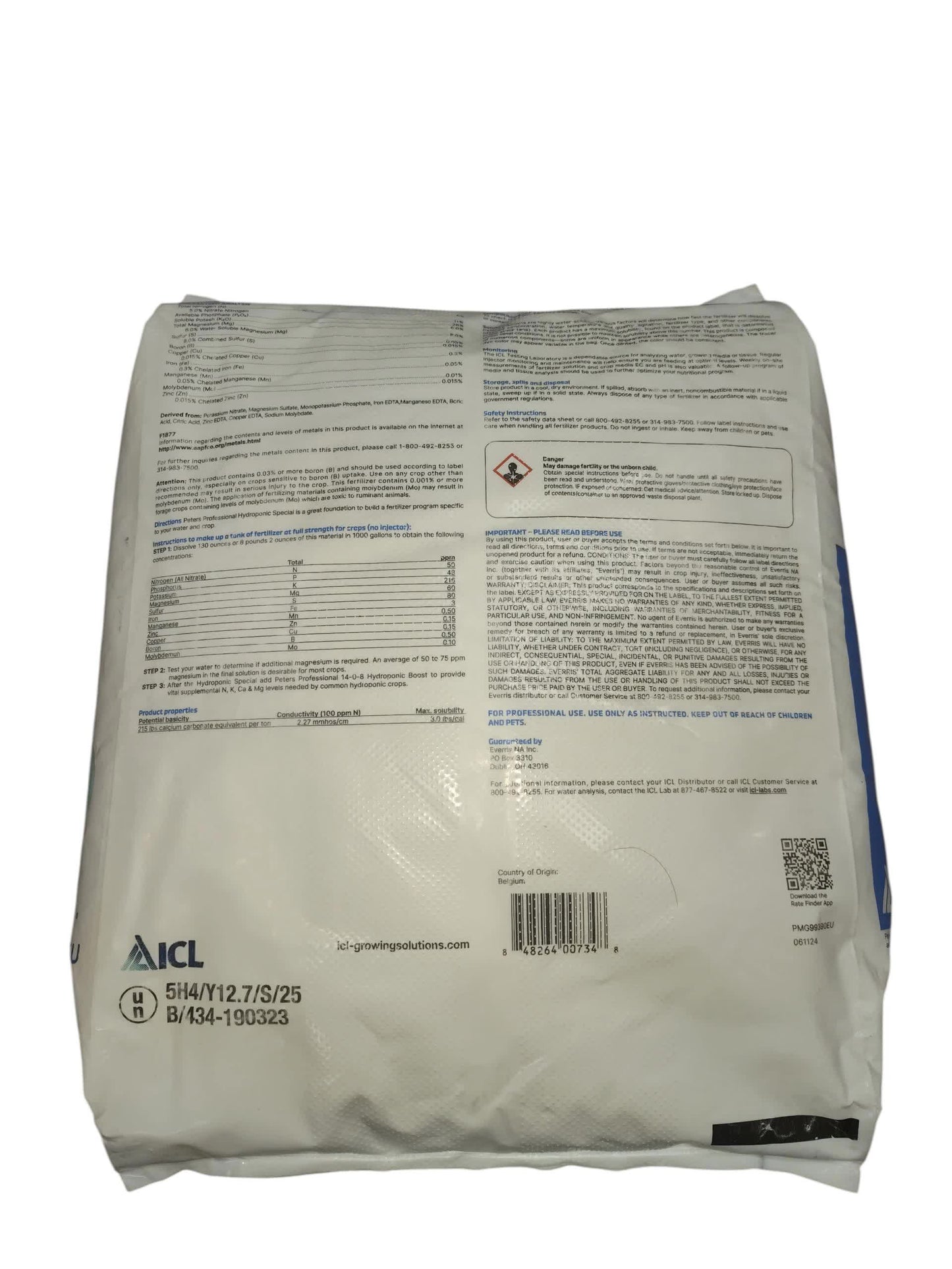 Back view of the Peters Professional 5-11-26 Hydroponic Special fertilizer 25 lb. European bag.