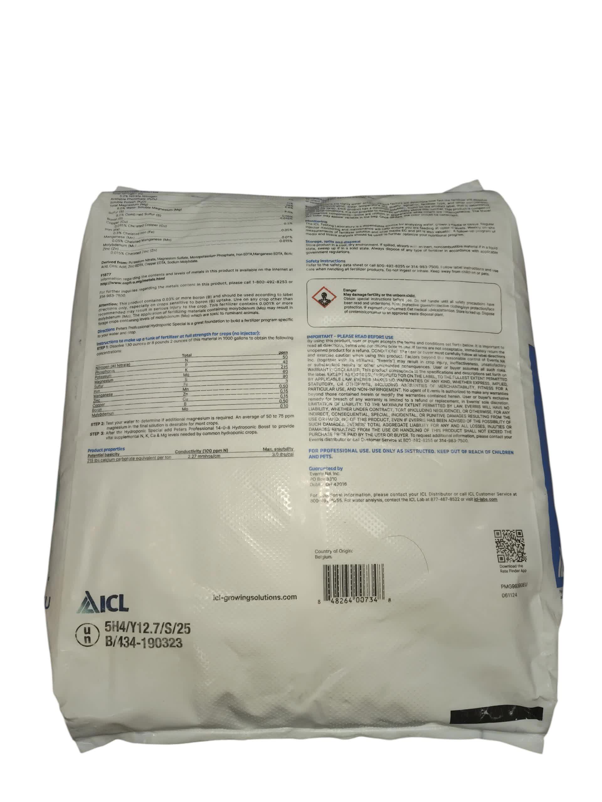 Back view of the Peters Professional 5-11-26 Hydroponic Special fertilizer 25 lb. European bag.