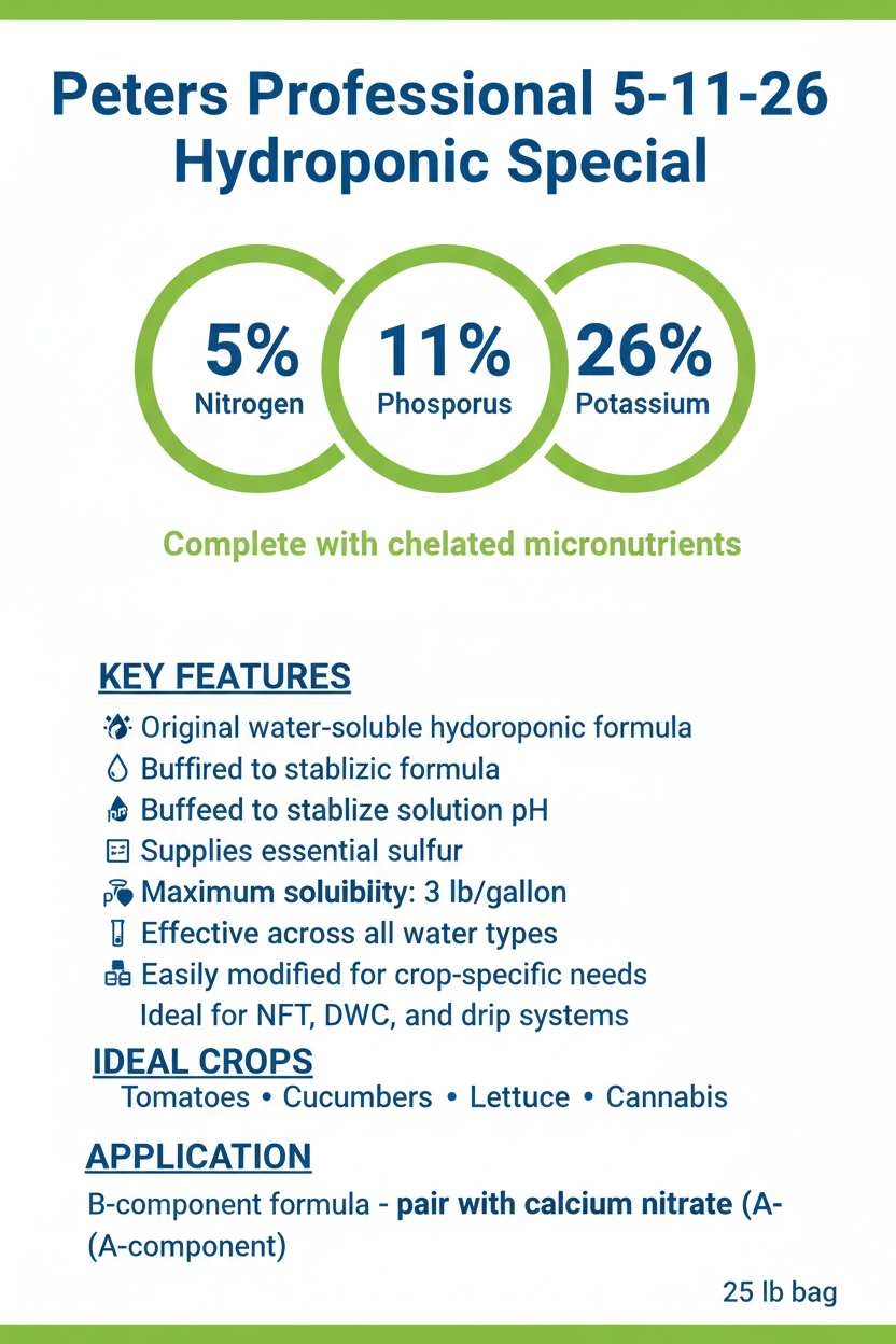 Peters Professional 5-11-26 Hydroponic Special fertilizer infographic showing NPK analysis (5% nitrogen, 11% phosphorus, 26% potassium), key features, ideal crops, and application instructions