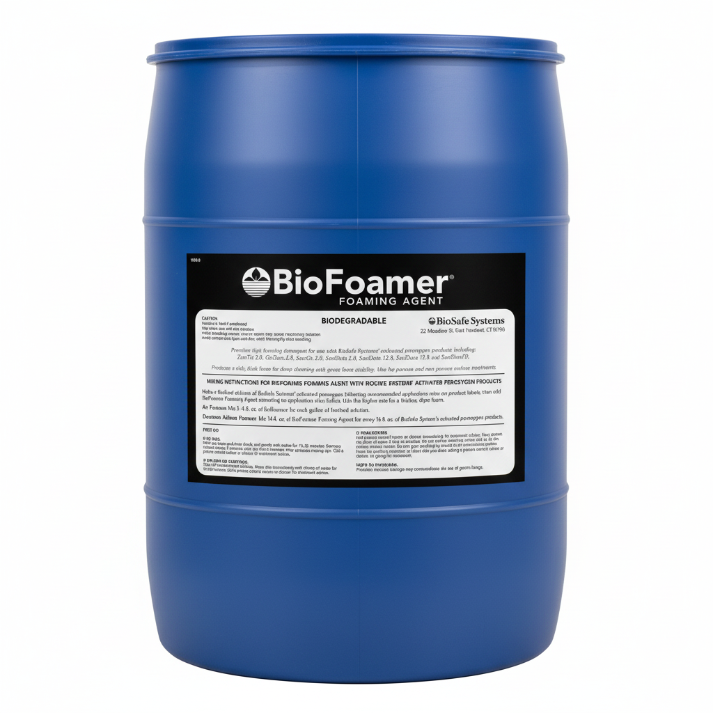 BioFoamer Foaming Agent 55 gallon blue drum — high-foam PAA detergent by BioSAFE Systems