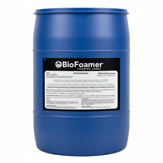 BioFoamer Foaming Agent 55 gallon blue drum — high-foam PAA detergent by BioSAFE Systems