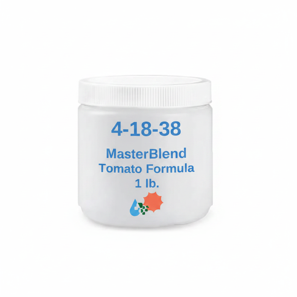 MasterBlend 4-18-38 Tomato Formula 1 lb. white screw-top jar with blue and white label on clean white background