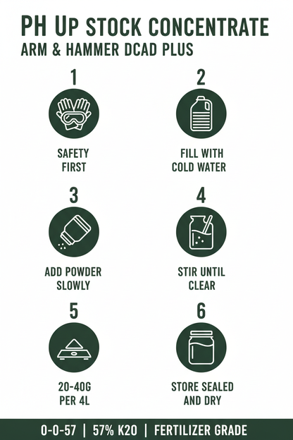 Step-by-step infographic showing how to make a pH UP stock concentrate using Arm & Hammer DCAD Plus Potassium Carbonate Sesquihydrate. Steps include: wear safety gear, fill with cold water, add powder slowly, stir until clear, use 20-40g per 4 liters, and store sealed and dry. Fertilizer grade 0-0-57, 57% K2O.