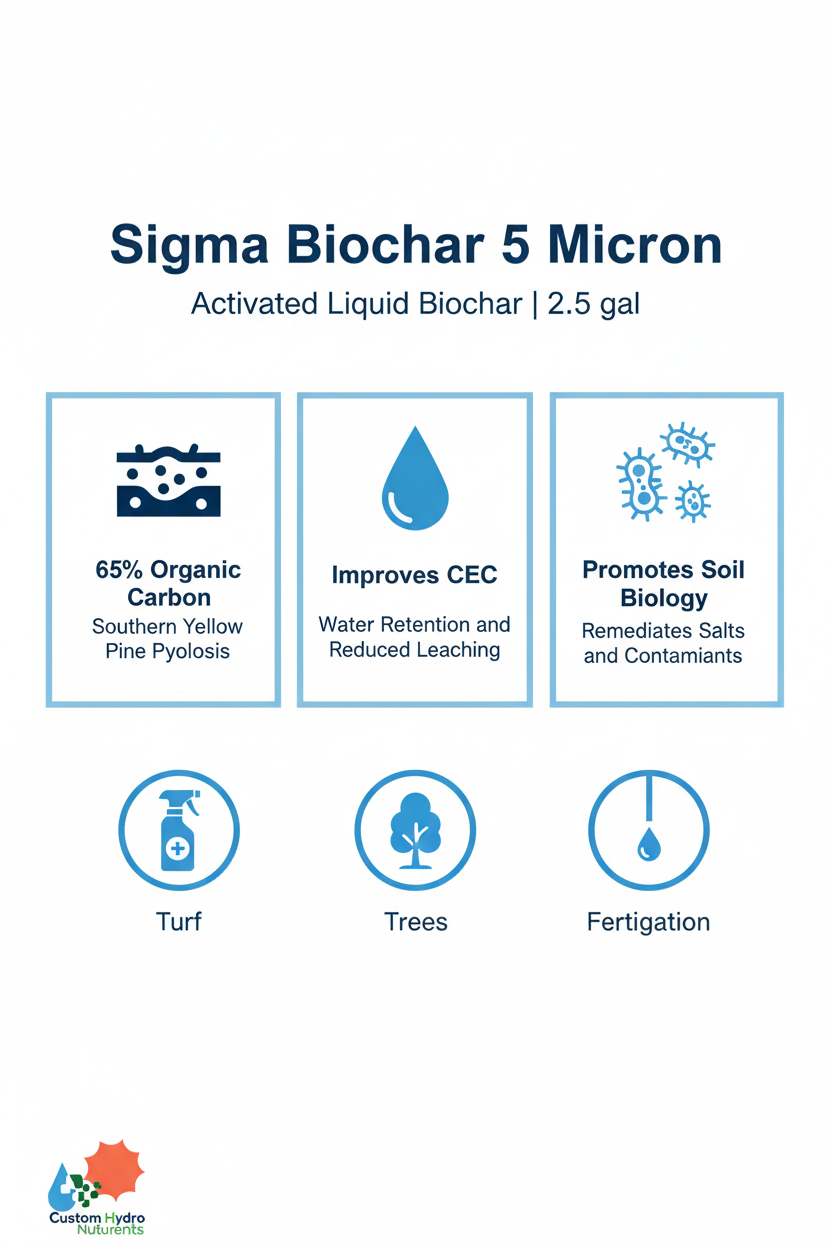 Sigma Biochar 5 Micron activated liquid biochar infographic — 65% organic carbon, improves CEC and water retention, promotes soil biology, for turf, trees, and fertigation