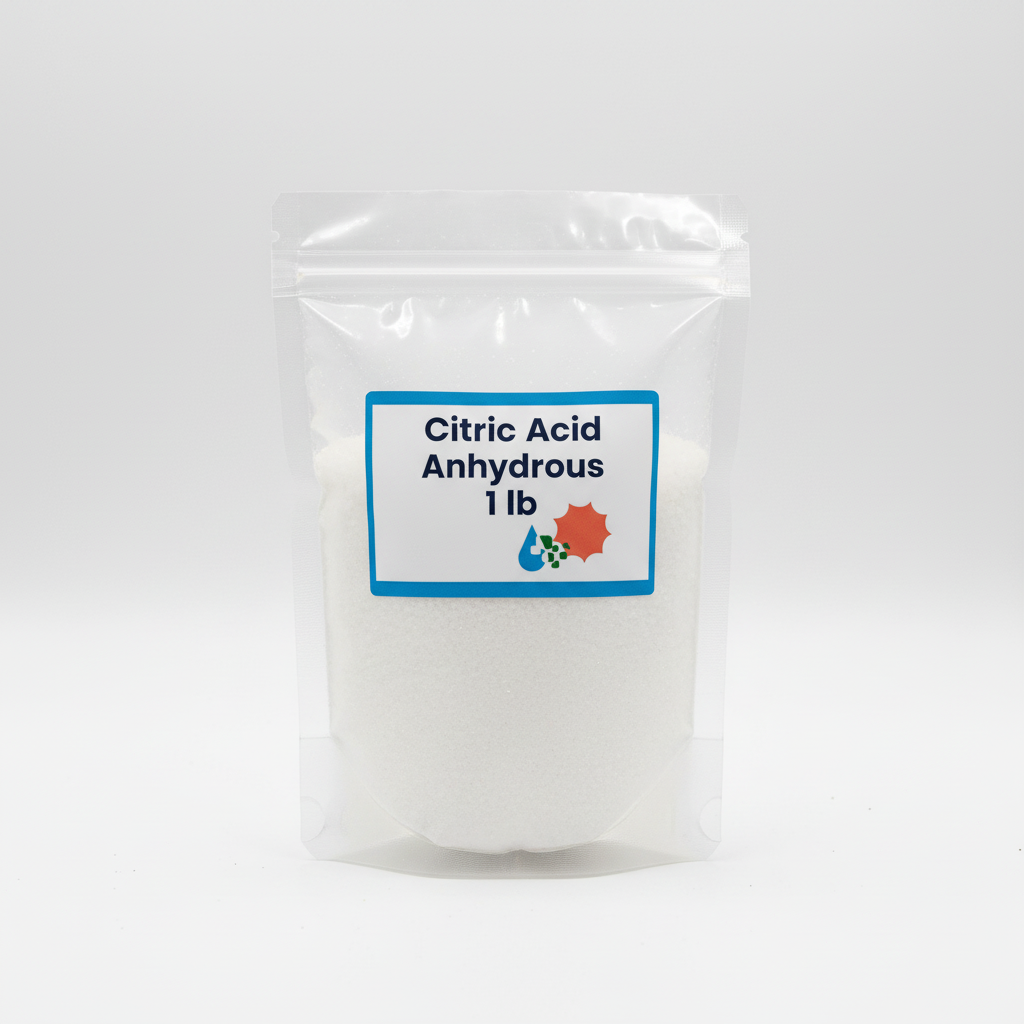 Citric acid anhydrous 1 lb resealable bag — pure white crystalline powder, food-grade, non-GMO, NOP compliant